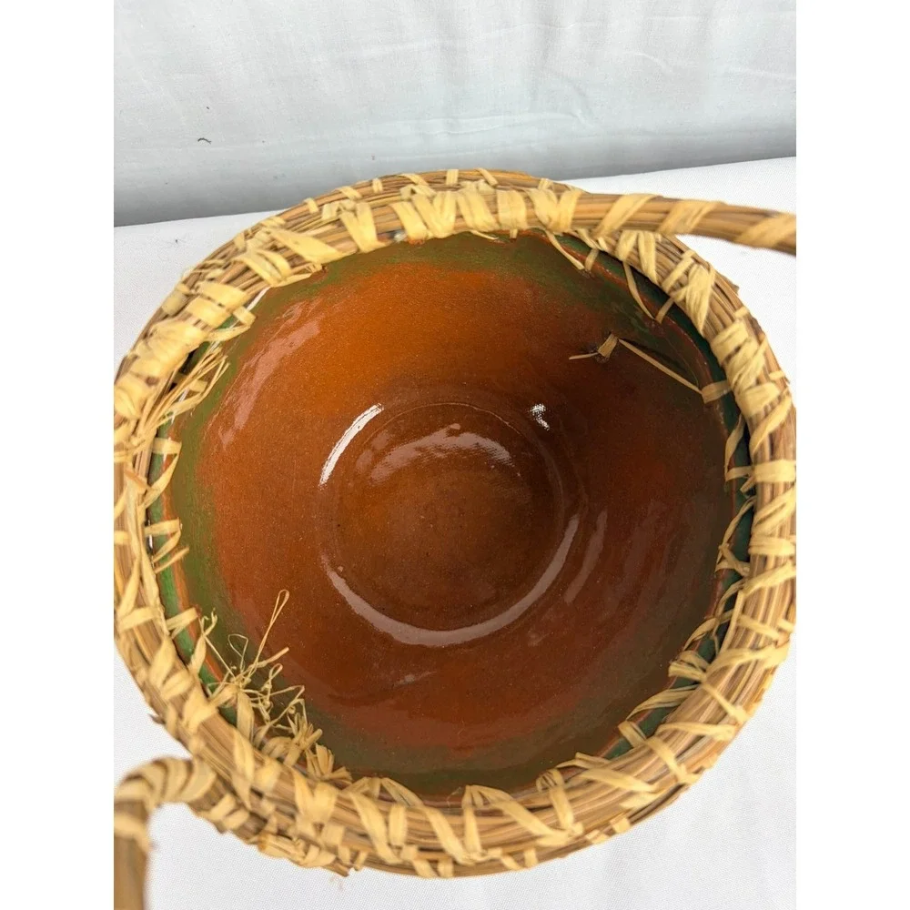 Handmade Glazed Pottery Basket Bowl Woven Pine Needle Rim Handle Green Brown